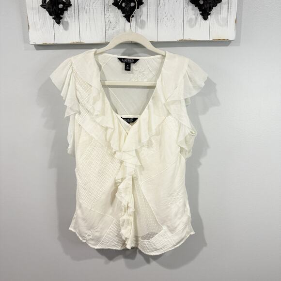 Lauren Ralph Lauren Patchwork Tulle Gauze Blouse Ivory Lined Tank Size M - Picture 2 of 5